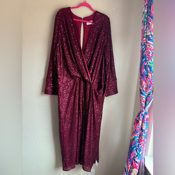 NWT ASOS Burgundy Red Sequin 3/4 Sleeve Wrap Midi Maxi Formal Cocktail Dress 22 - Picture 2 of 16